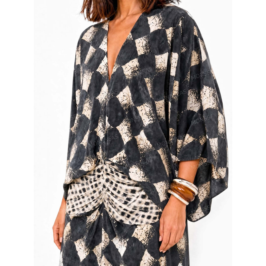 Casual Print Kimono Sleeve Maxi Dress