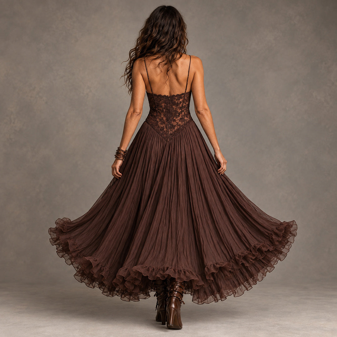 Sexy Lace V-Neck Ruffled Flowy Midi Dress