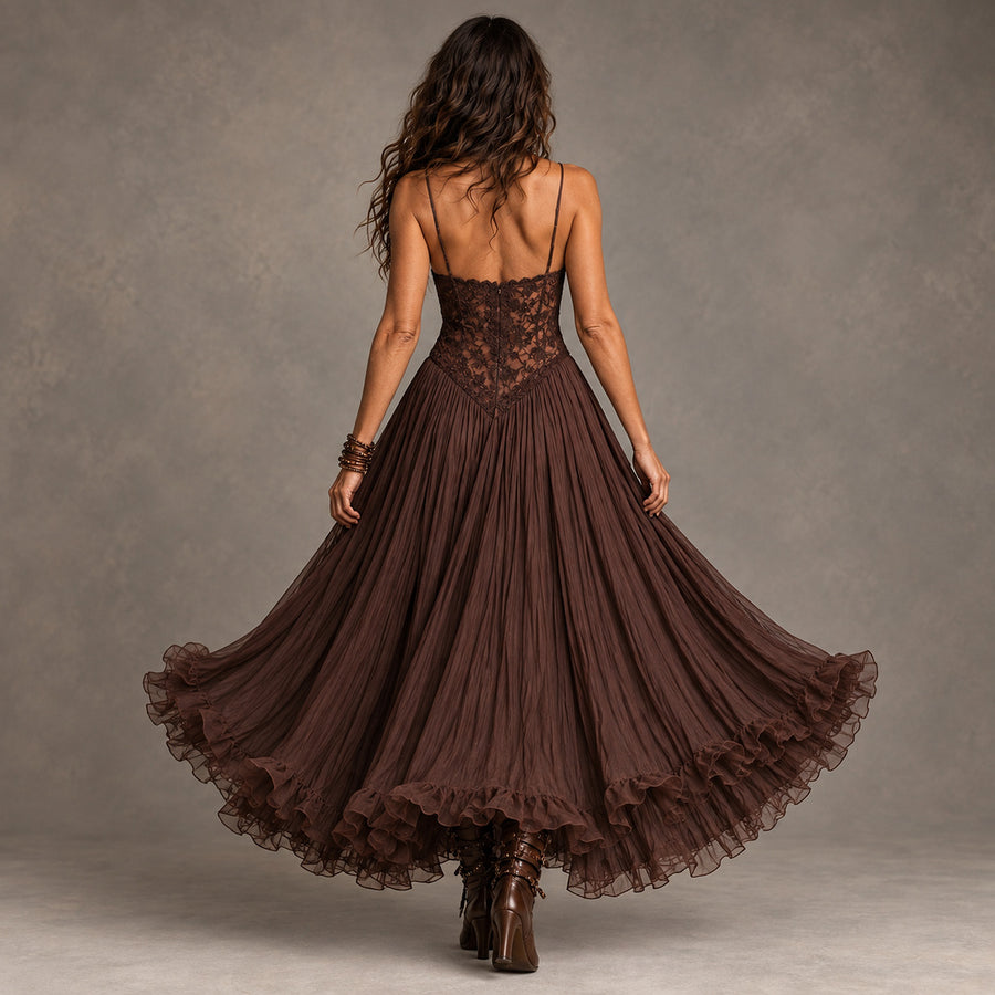 Sexy Lace V-Neck Ruffled Flowy Midi Dress