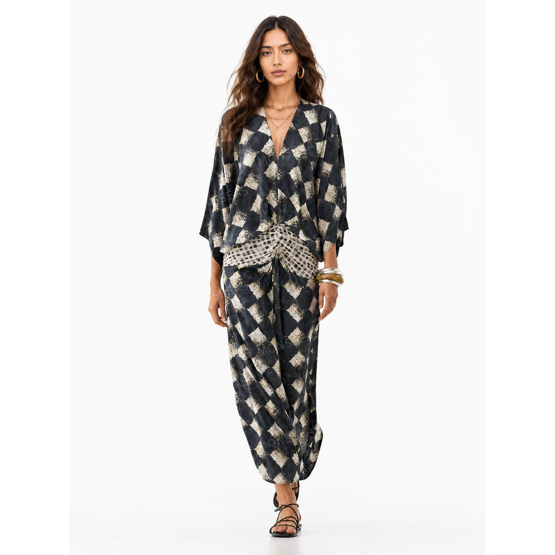 Casual Print Kimono Sleeve Maxi Dress