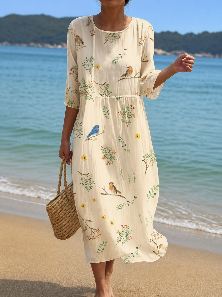 Wren | Cream Bird Print Dress
