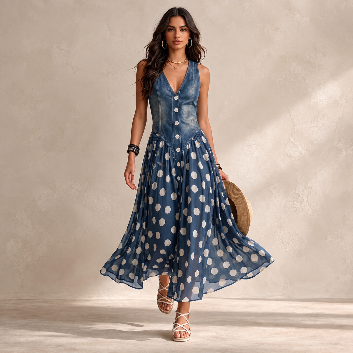 Elena | Elegant Denim Dress with Polka Dots