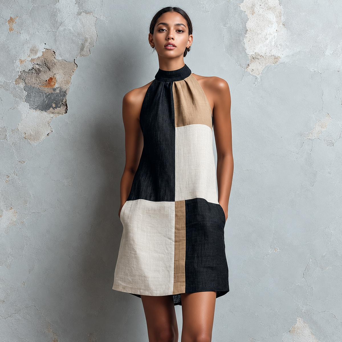 Sabrina | Colorblock Halter Mini Dress