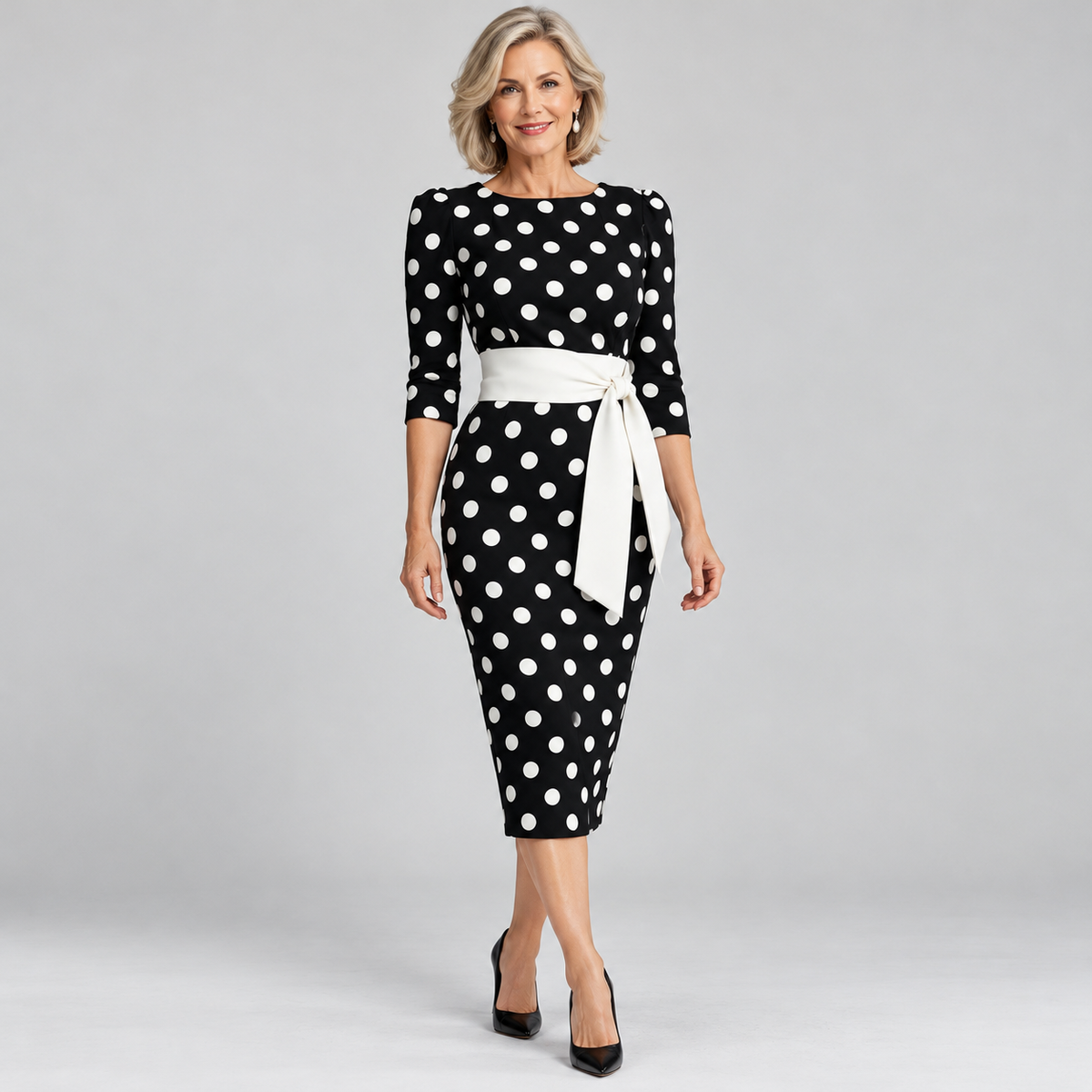 Dorothy | Polka Dot Midi Dress with Tie Belt