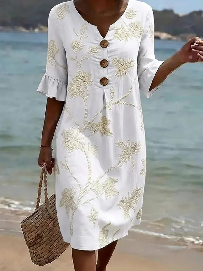 Ivy | White Leaf Print Button Dress