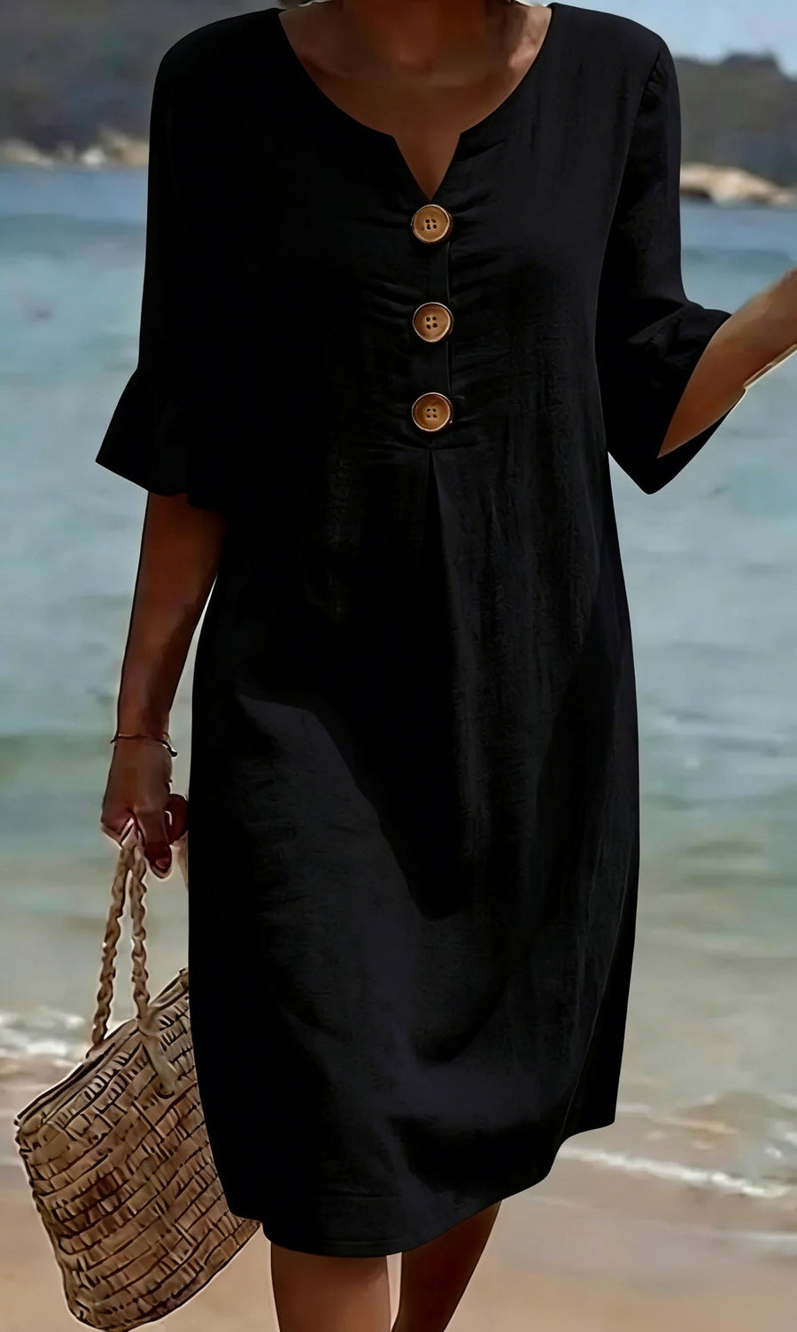 Nora | Black Button-Front Beach Dress