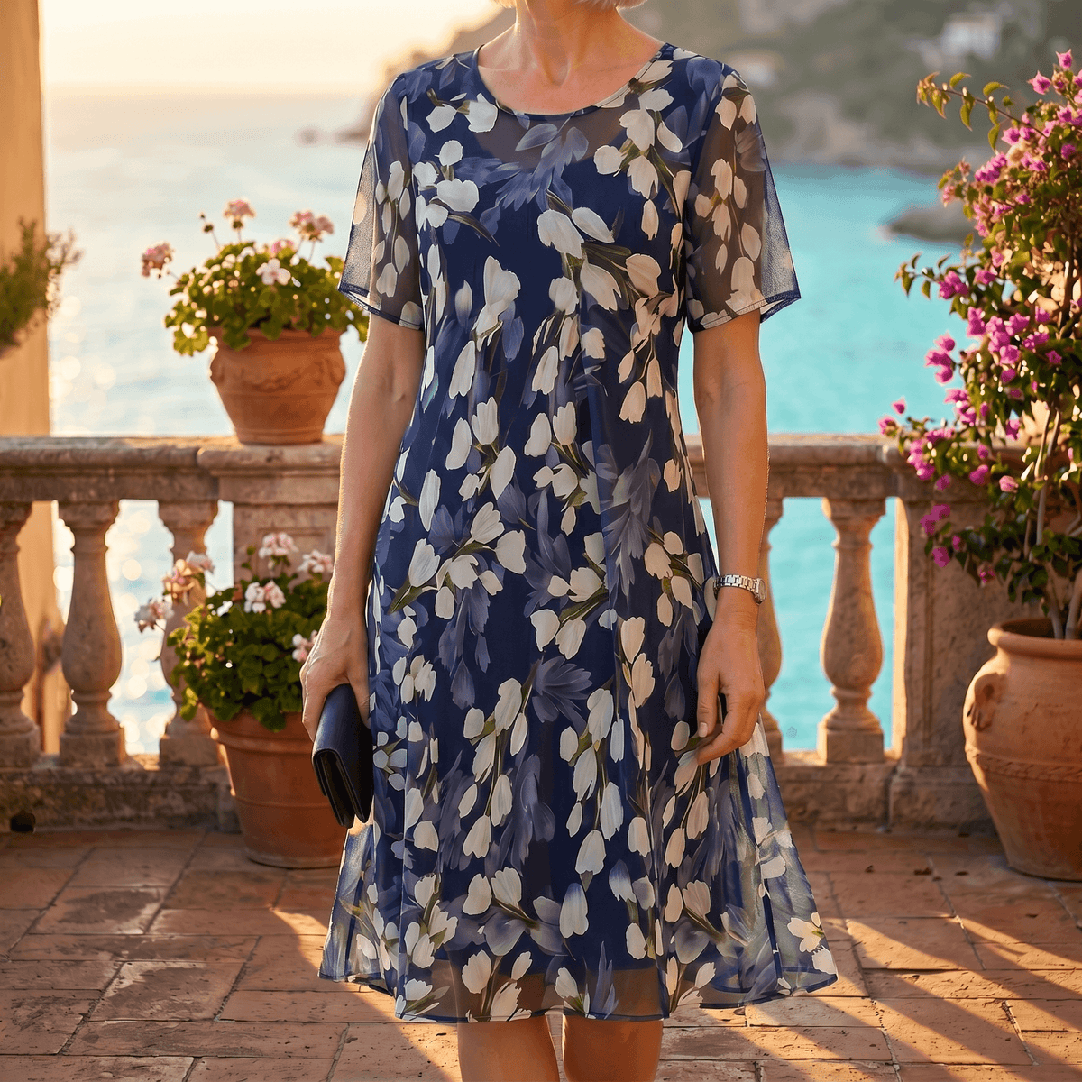 Emma | Elegant Navy Blue Floral Midi Dress
